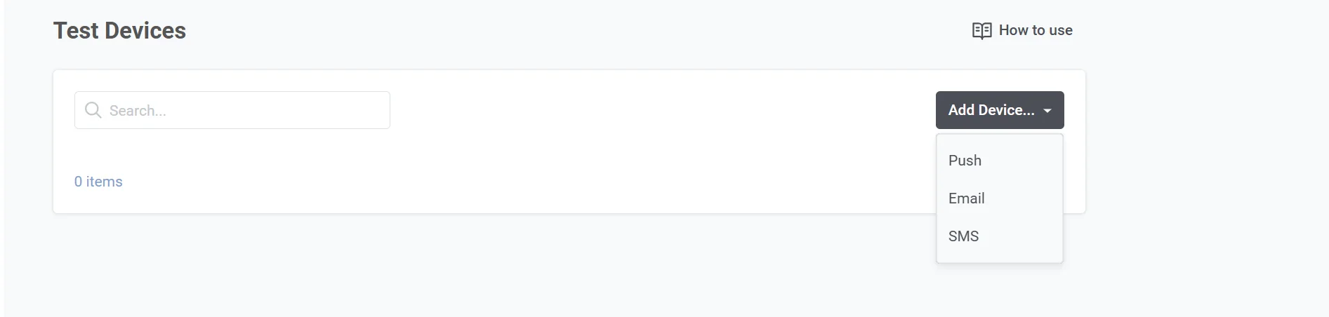 Menu suspenso Adicionar Dispositivo mostrando opções para adicionar dispositivos de teste Push, E-mail ou SMS.