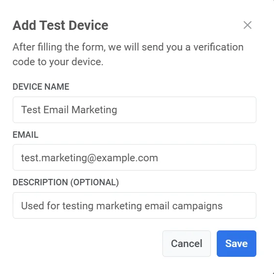 Formulário de configuração de dispositivo de teste de e-mail mostrando campos para nome do dispositivo, endereço de e-mail e descrição opcional.