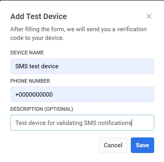Formulário de configuração de dispositivo de teste SMS mostrando campos para nome do dispositivo, número de telefone no formato E.164 e descrição opcional.