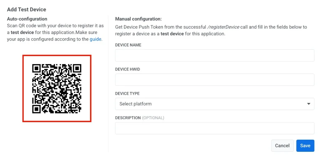 Add Test Device dialog with Auto-configuration QR code on the left and Manual configuration fields for HWID on the right
