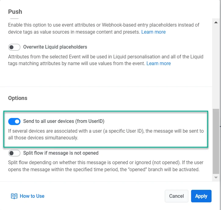 Customer Journey message settings showing Send to all user devices toggle option in Options section