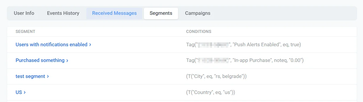 Pestaña de segmentos