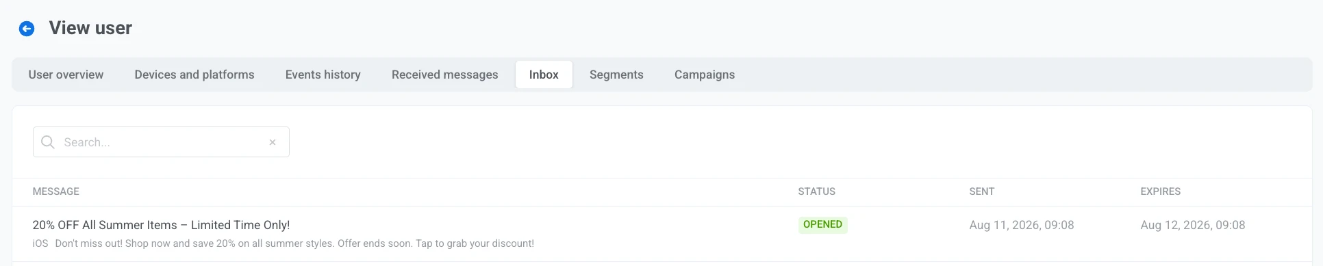 Inbox tab with search bar and a table of inbox messages showing Message, Status, Sent, and Expires columns