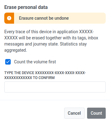 Erase personal data dialog with erasure warning, Count the volume first checkbox, and type-to-confirm field