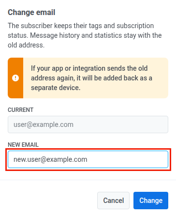 Cuadro de diálogo Cambiar email con la dirección actual, un campo Nuevo email y los botones Cancelar y Cambiar