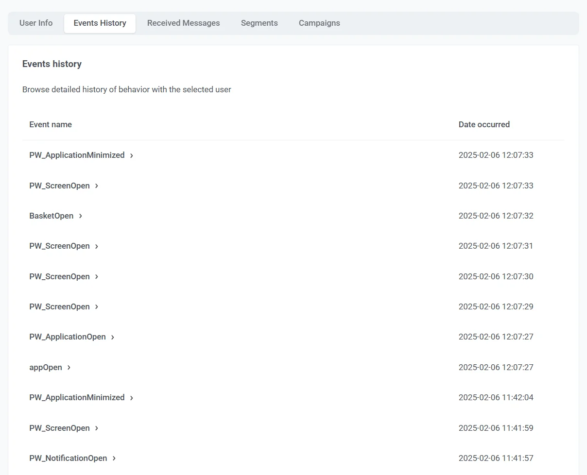 Sección de historial de eventos