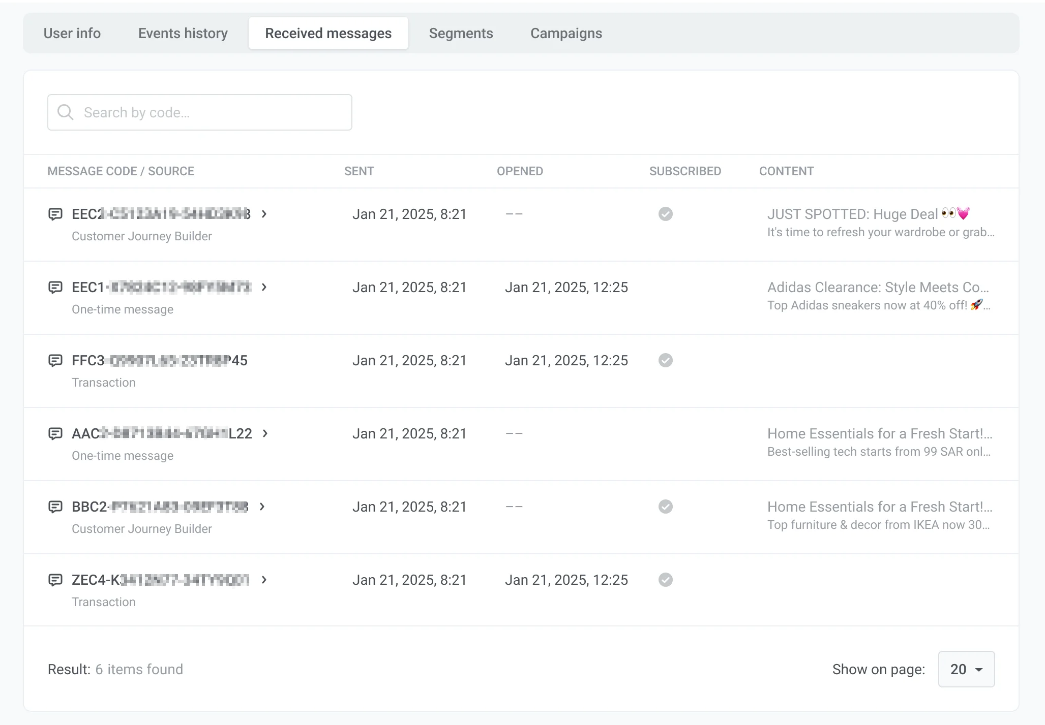 Pestaña de mensajes recibidos