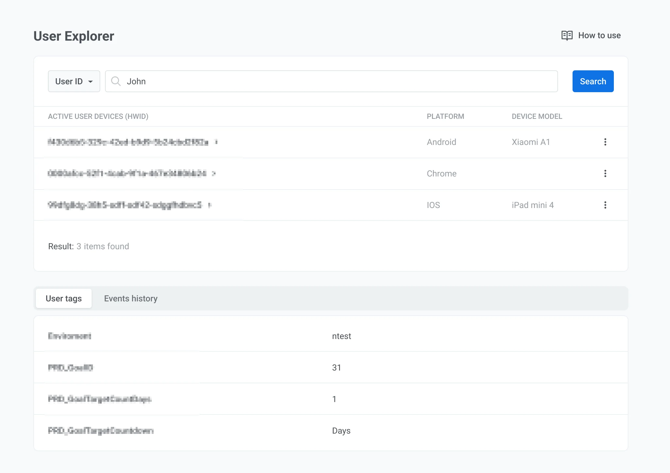 Lista de dispositivos vinculados al usuario en el Explorador de Usuarios