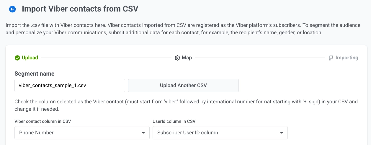Import Viber contacts Map step with Viber contact column and User ID column dropdowns for CSV mapping
