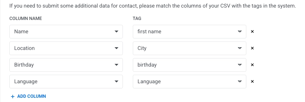 Viber CSV import optional tag mapping with Column Name and Tag dropdowns and Add Column link