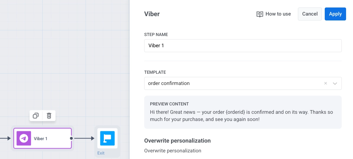 Viber element settings panel with Template and Freeform options, message type, and frequency capping.