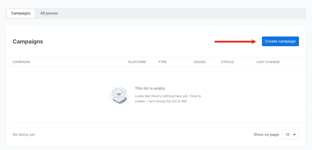 Empty Campaigns list in Wallet Passes with the Create campaign button highlighted