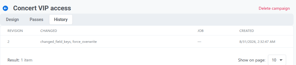 History tab showing the chronological list of campaign revisions and changed field keys