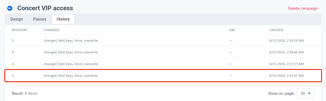 History tab with the revision 2 row highlighted, showing its changed field keys and creation timestamp