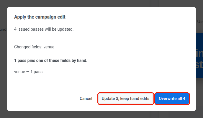 Apply the campaign edit dialog listing the venue field overridden on 1 pass, with Update 3, keep hand edits and Overwrite all 4 buttons