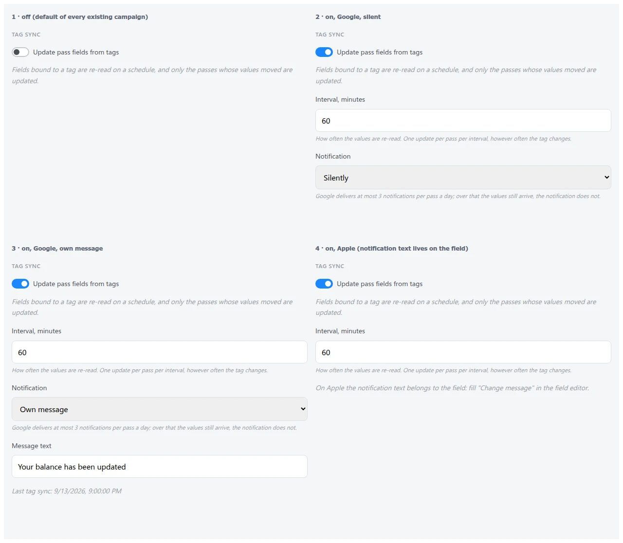 Tag sync section in four states: off, Google with a silent refresh, Google with a custom message, and Apple showing the Change message note instead of a notification picker
