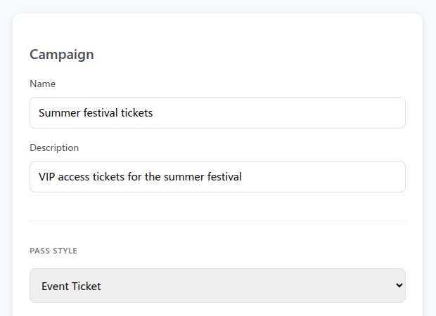 New campaign creation form showing Name and Description fields, and a Pass Style picker