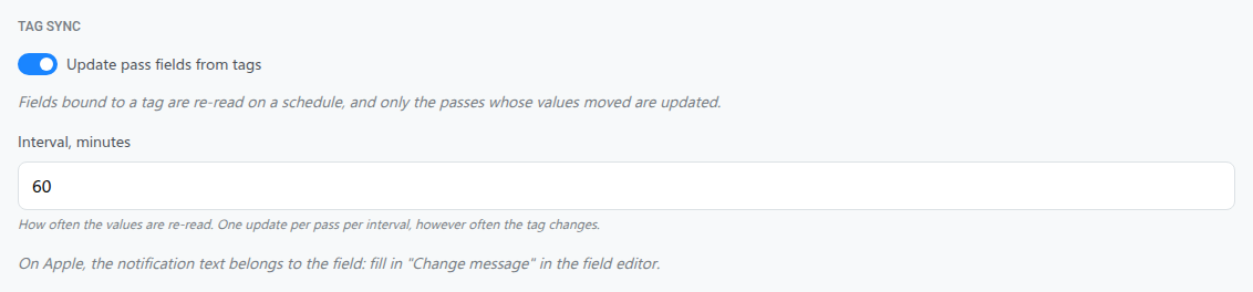 Tag sync section for an Apple Wallet campaign with the interval field and a note about Change message instead of a notification picker