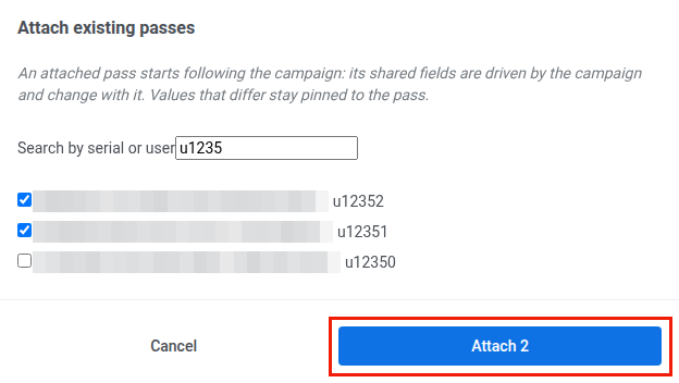 Attach existing passes dialog with a search field, a list of passes outside any campaign, two passes selected, and the Attach button
