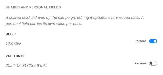 Shared and personal fields configuration section with Personal toggles next to each field