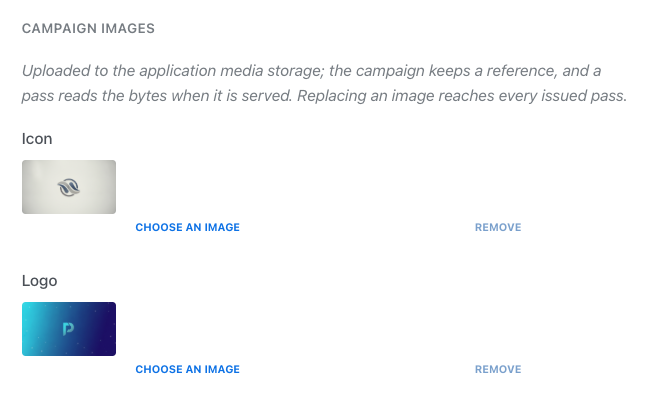 Campaign images section with upload slots for icons, logos, and custom pass imagery