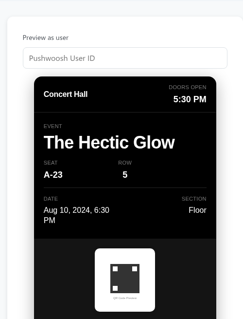 Live pass preview panel with Preview as user field and the rendered digital pass card