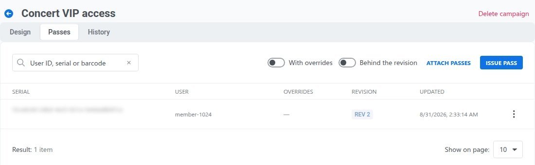 Passes tab showing issued passes table with User ID, overrides, revision, and action buttons