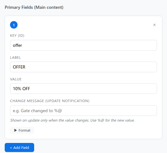 Primary Fields section with an Add Field card showing Key (ID) offer, Label OFFER, and Value 10% OFF