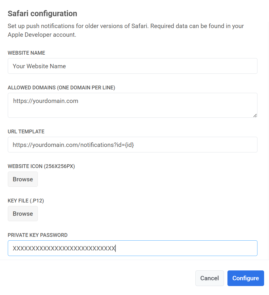 Fill in the Safari configuration form