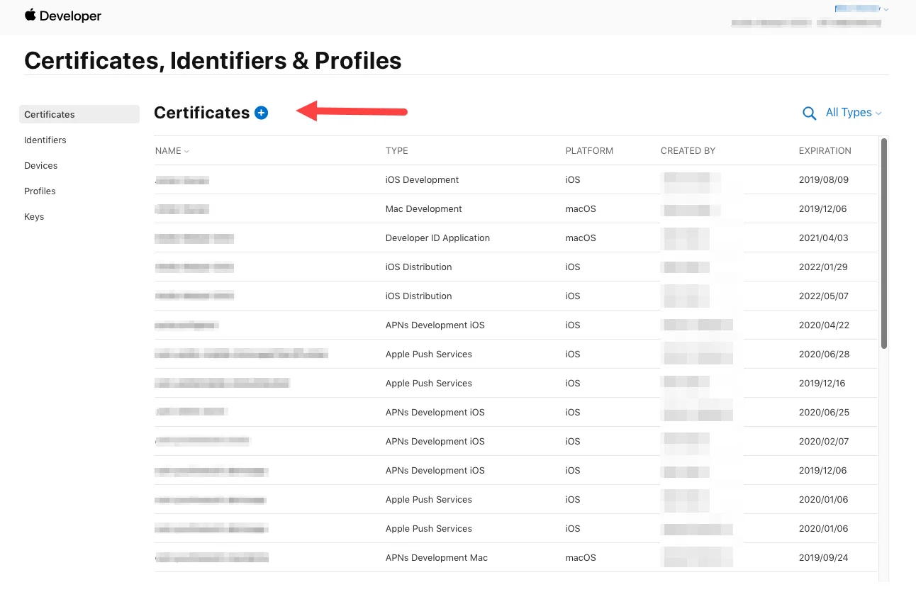 Opção Adicionar novo certificado no Portal do Desenvolvedor Apple
