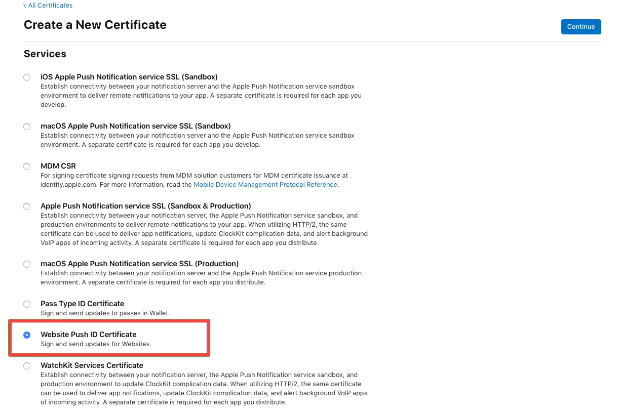 Seleção do tipo de Certificado de ID de Push de Site no Portal do Desenvolvedor Apple