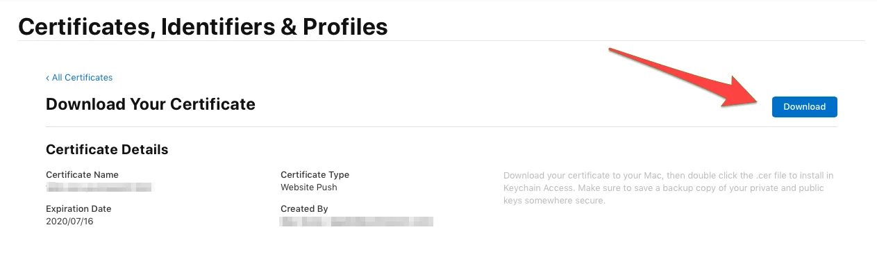 Baixar certificado de notificação push do Portal do Desenvolvedor Apple