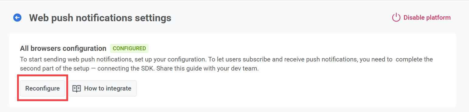 Reconfigure web push configuration