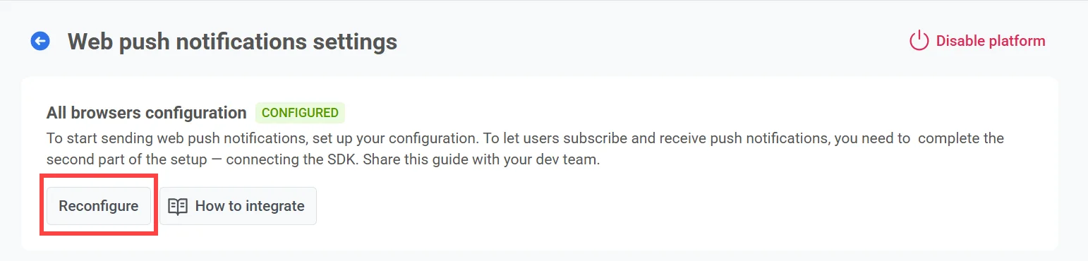 Reconfigurar a configuração de push web