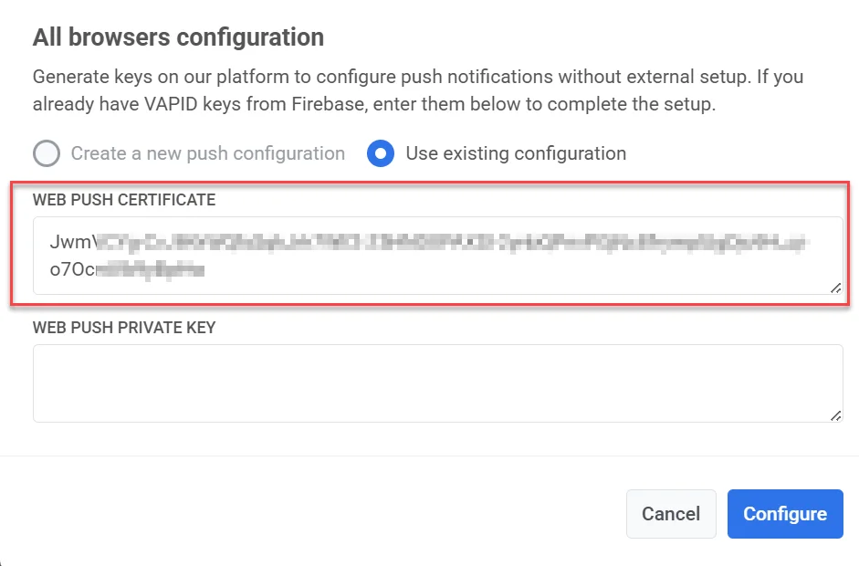 Cole no campo Certificado Web Push