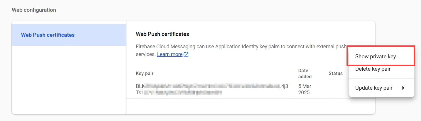 Encontrar chave privada Web Push