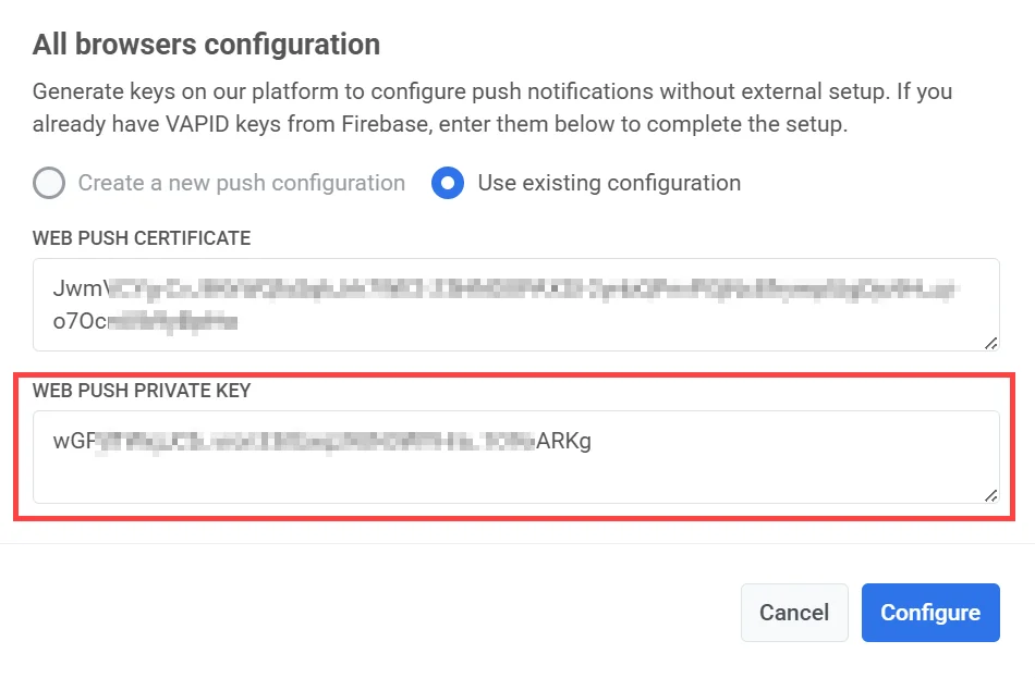 Colar chave privada Web Push