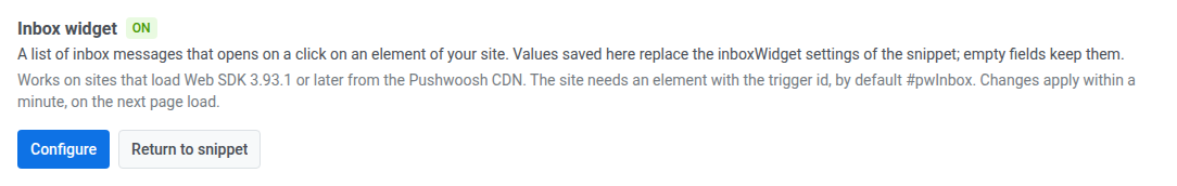 Inbox widget card on the Web platform settings page with the ON badge, the Configure button, and the Return to snippet button