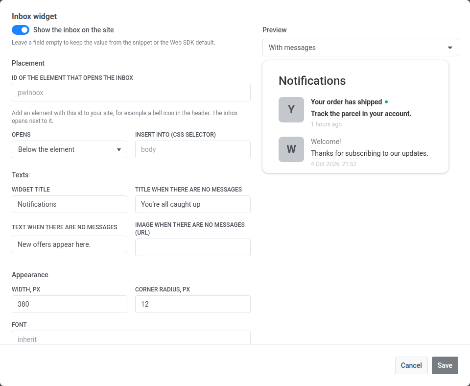 Inbox widget form with the Show the inbox on the site switch on, Placement, Texts, and Appearance fields, and a preview of two sample messages
