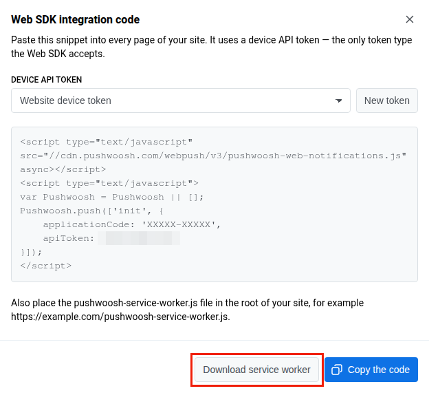 Caixa de diálogo do código de integração do Web SDK com o botão Baixar service worker ao lado de Copiar o código