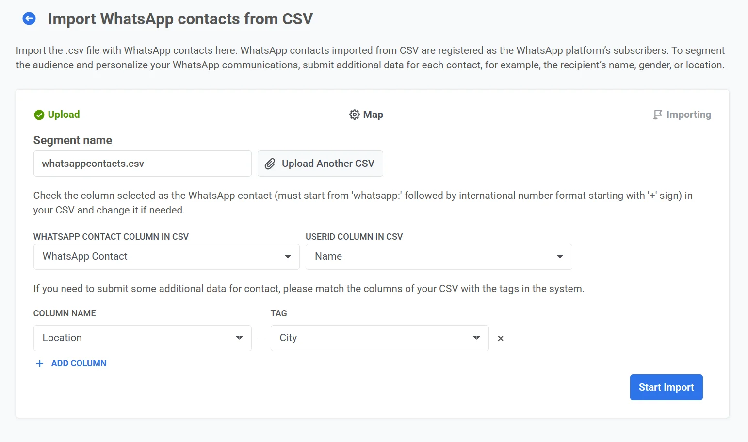 ربط الأعمدة لاستيراد جهات اتصال WhatsApp