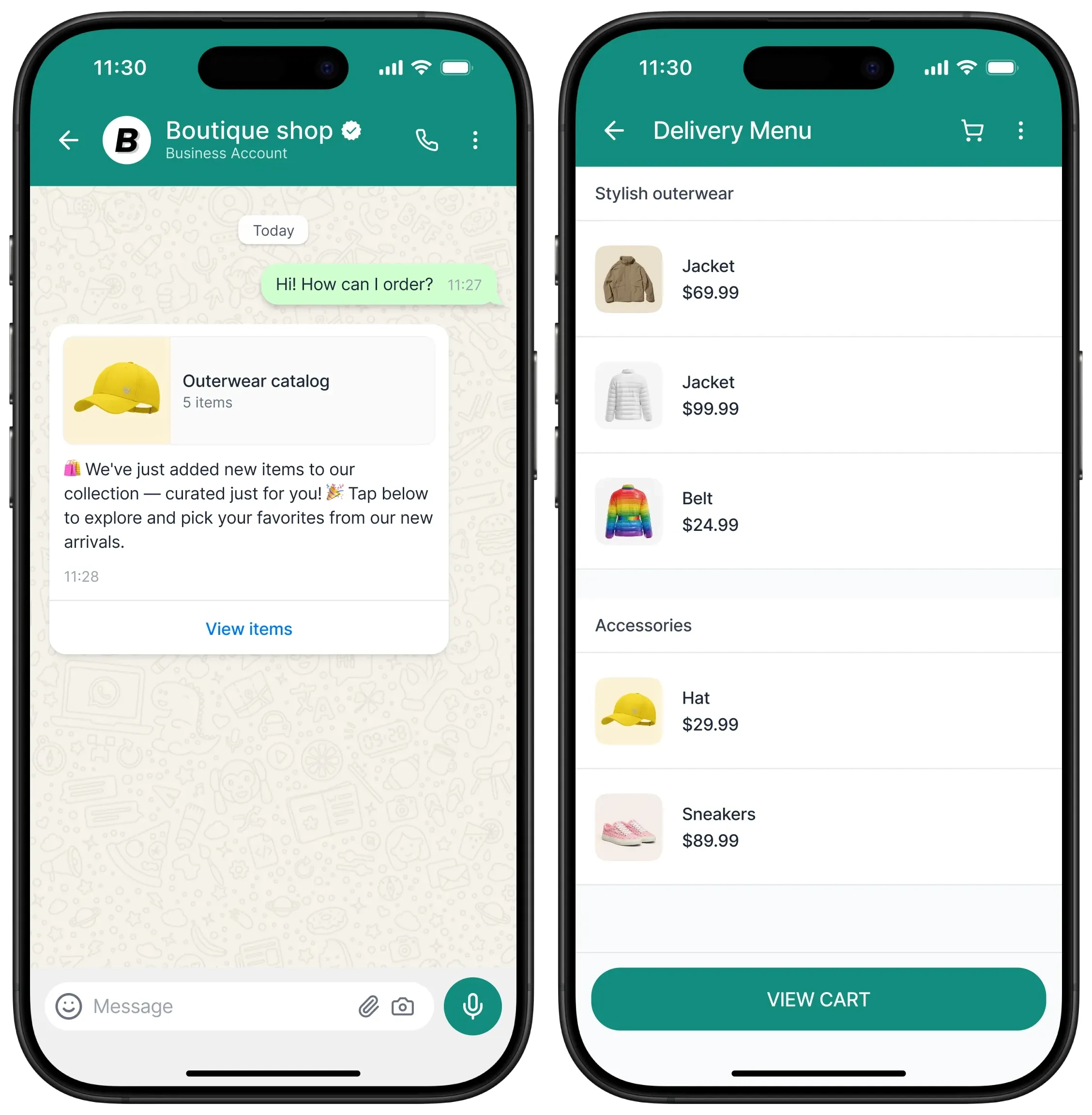 WhatsApp multi-product catalog message as seen by a recipient, showing cover image and product sections