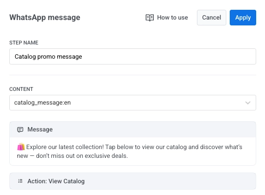 Pushwoosh WhatsApp element configuration panel with catalog template selected