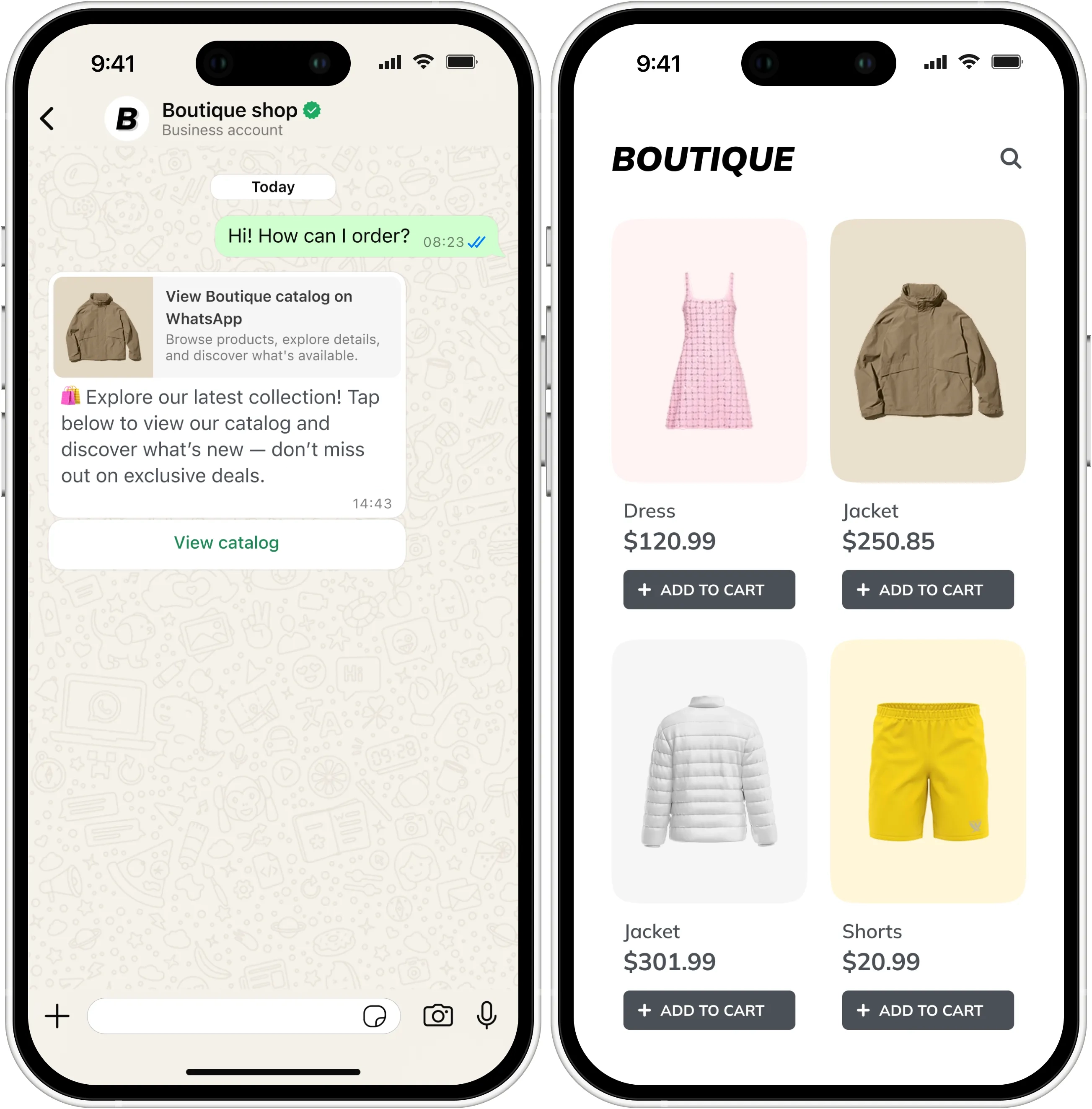 WhatsApp catalog message as seen by a recipient, displaying a View Catalog button and the catalog itself