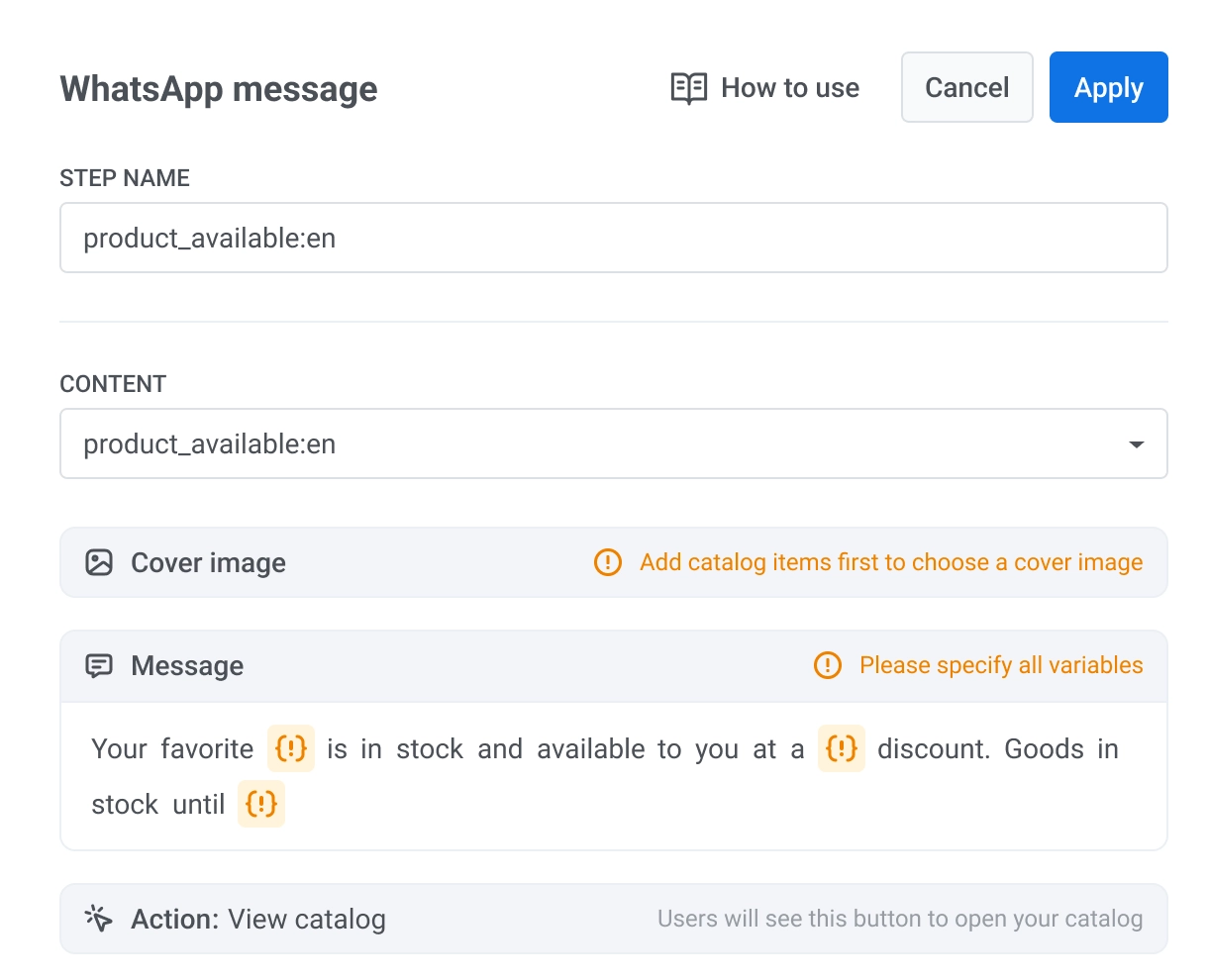 Панель настройки элемента WhatsApp, показывающая выбор MPM-шаблона
