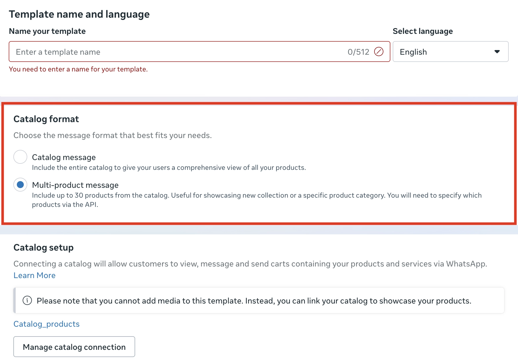 Интерфейс создания шаблона WhatsApp, показывающий опции выбора формата каталога