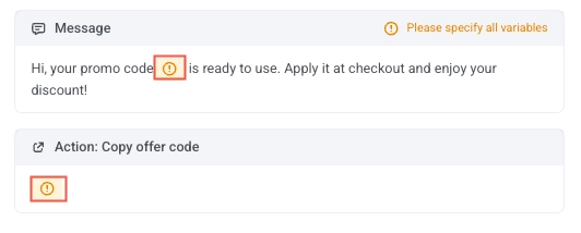 Screen showing a WhatsApp message with the promo code placeholder visible in the template