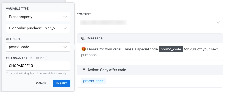 Event property configuration panel with Event and Attribute field selection