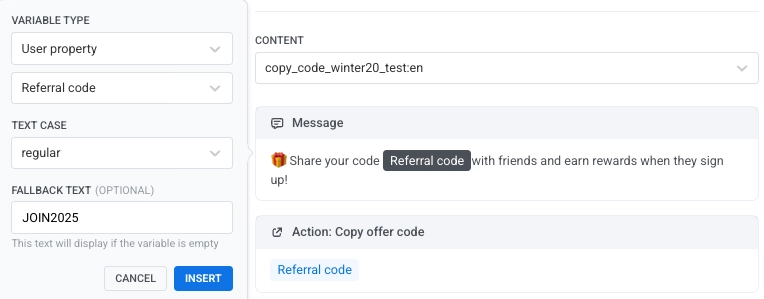User property configuration panel with Property name and Fallback text fields