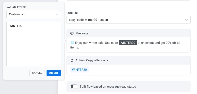 Custom text configuration panel with Value field for entering static promo code
